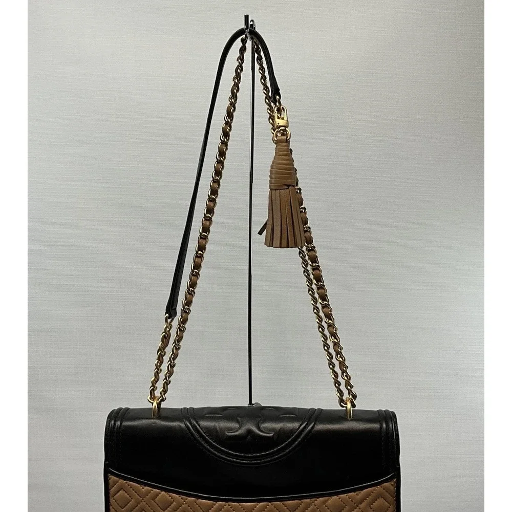 Tory Burch Fleming Quilted Colorblock Convertible Leather Shoulder Bag Black Tan